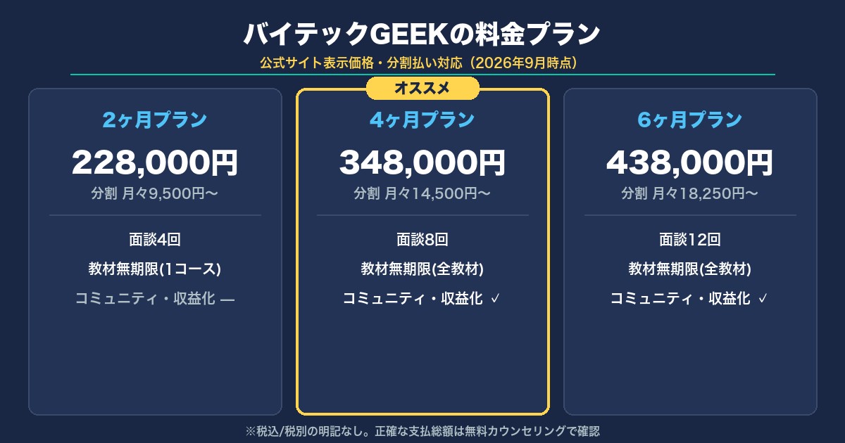 バイテックGEEKの料金プラン図解｜2ヶ月228,000円・4ヶ月348,000円・6ヶ月438,000円の3プラン比較